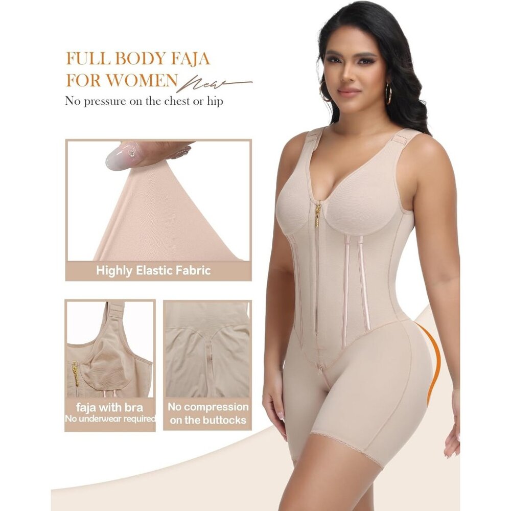 Women's Fajas Tummy Control Tuck Garment Full Body Shaper Bra Shapewear Tan - Picture 4 of 6